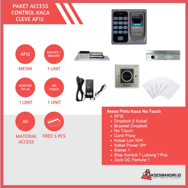 Paket Akses Door CLEVE AF12 No Touch Fingerprint Pintu Pintu Kaca