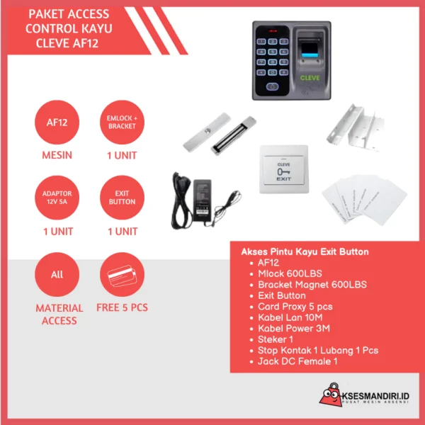 Paket Akses Door CLEVE AF12 Exit Button Fingerprint Pintu Pintu Kayu